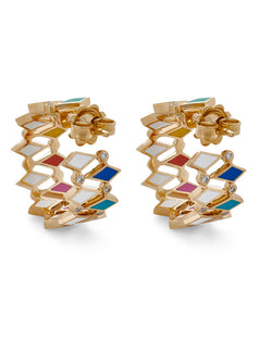 18K Gold Mosaic Double Hoop Earrings With Multicolored Enamel