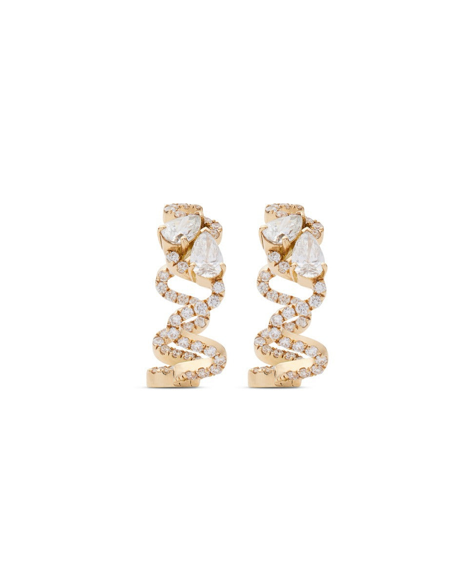 Wave 18k Yellow Gold Double Diamond Hoop Earrings