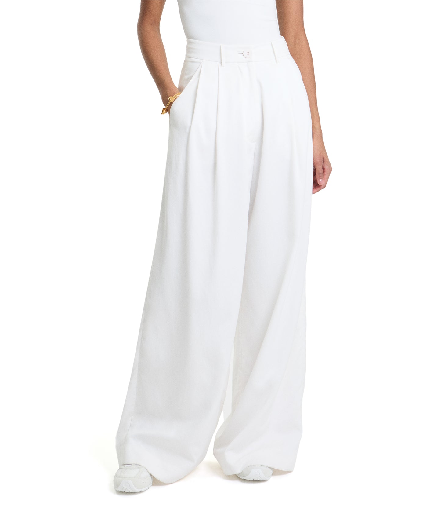 White High Waisted Hand Pleated Wide Leg Trousers