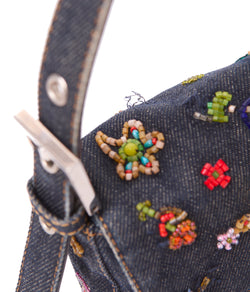 Pre-Owned Fendi Denim Floral Beaded Baguette Bag