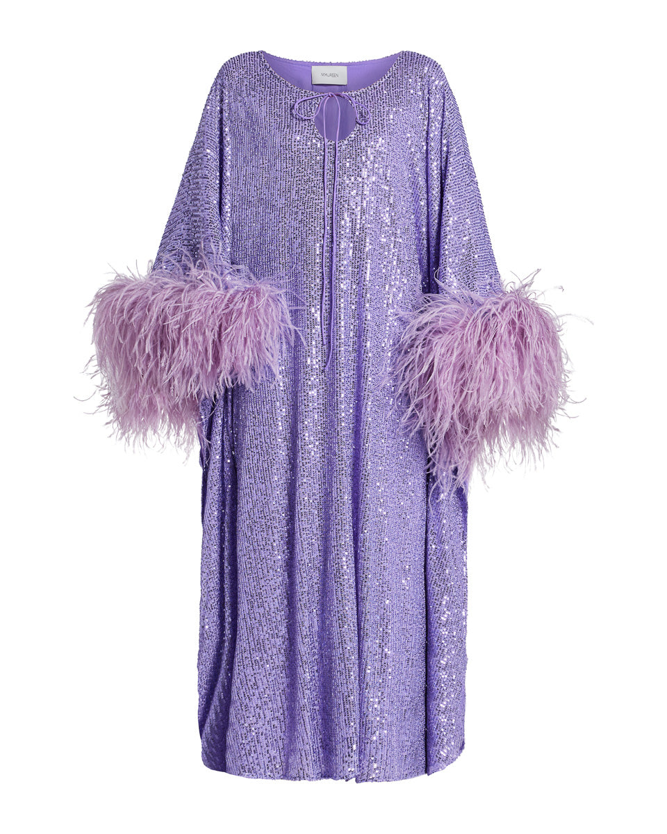 Sequin Kaftan With Faux Feather Cuffs