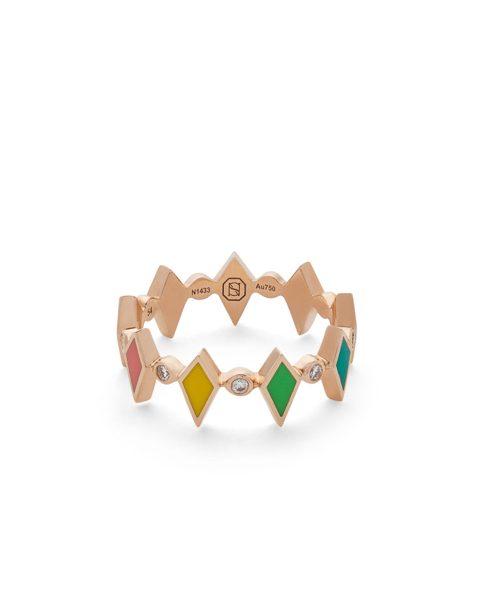 18k Gold Mosaic Ring With Multicolored Enamel