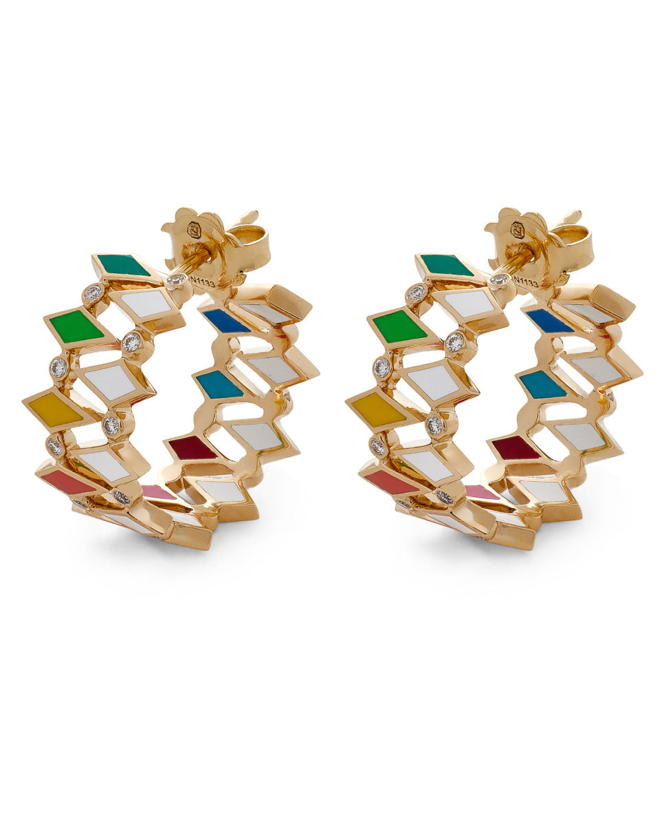 18k Gold Mosaic Double Hoop Earrings With Multicolored Enamel