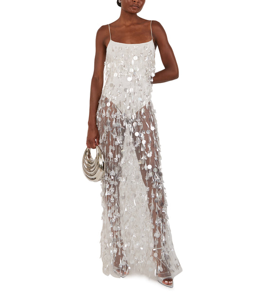 Zayna White Tulle Maxi Dress With Dripping Sequin Details