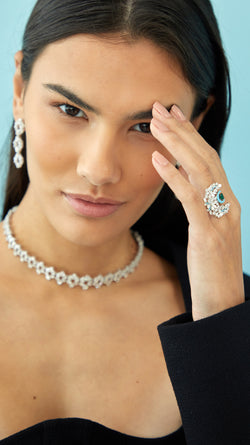 Crescent 18K White Gold, Diamond And Emerald Ring