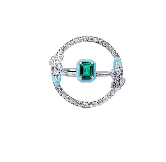 Halo Top 18K White Gold, Diamond And Emerald Ring