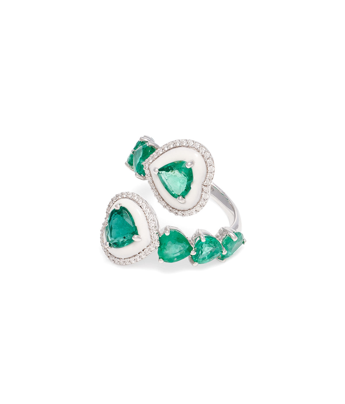 Emerald heart wrap 18k white gold ring