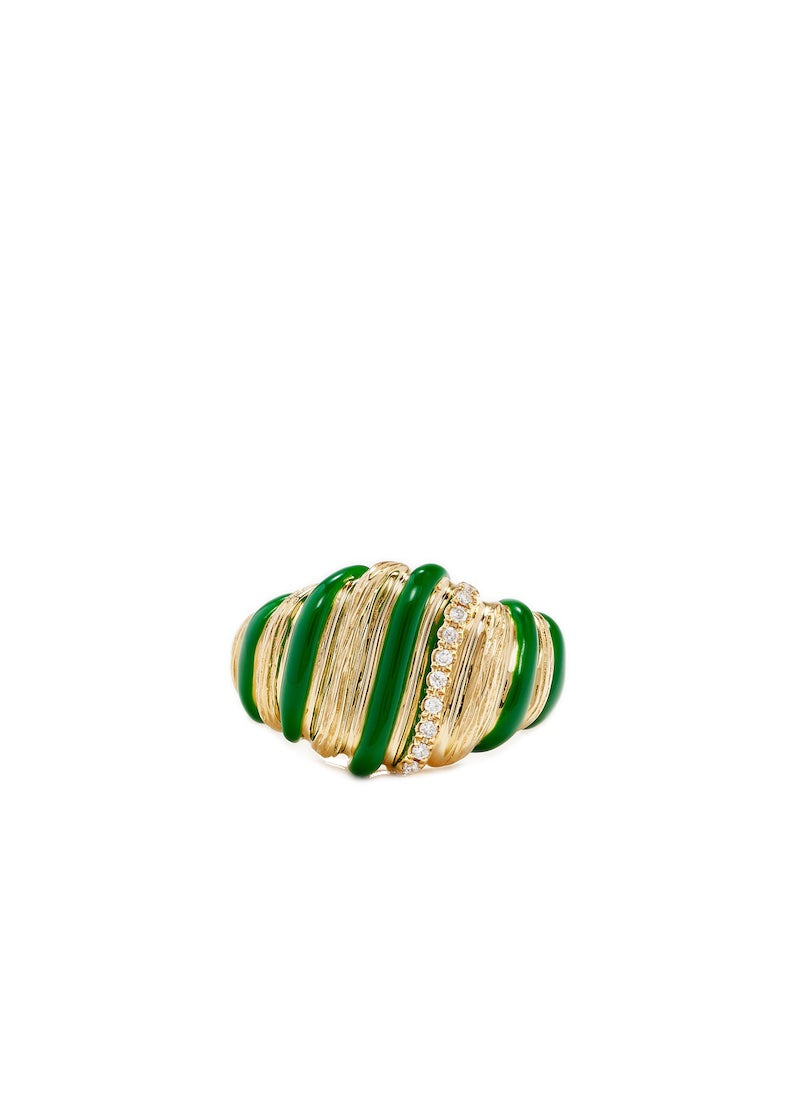 Chevalière Gaufrette 9k yellow gold and green enamel diamond signet ring
