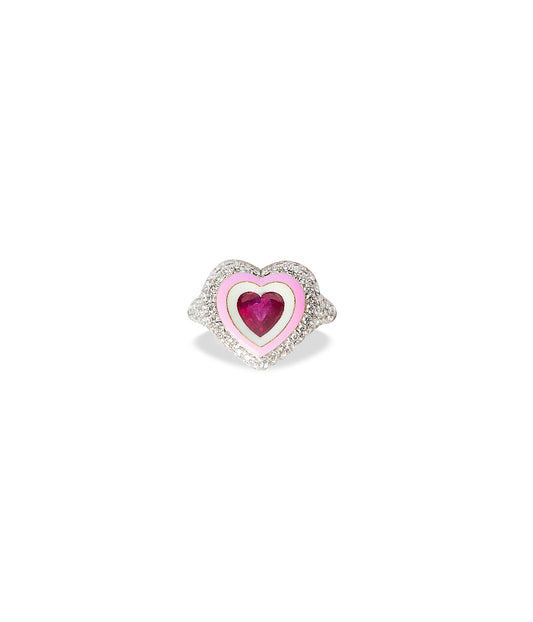 Dual Toned Valentine Heart 18K White Gold, Diamond And Ruby Pinky Ring