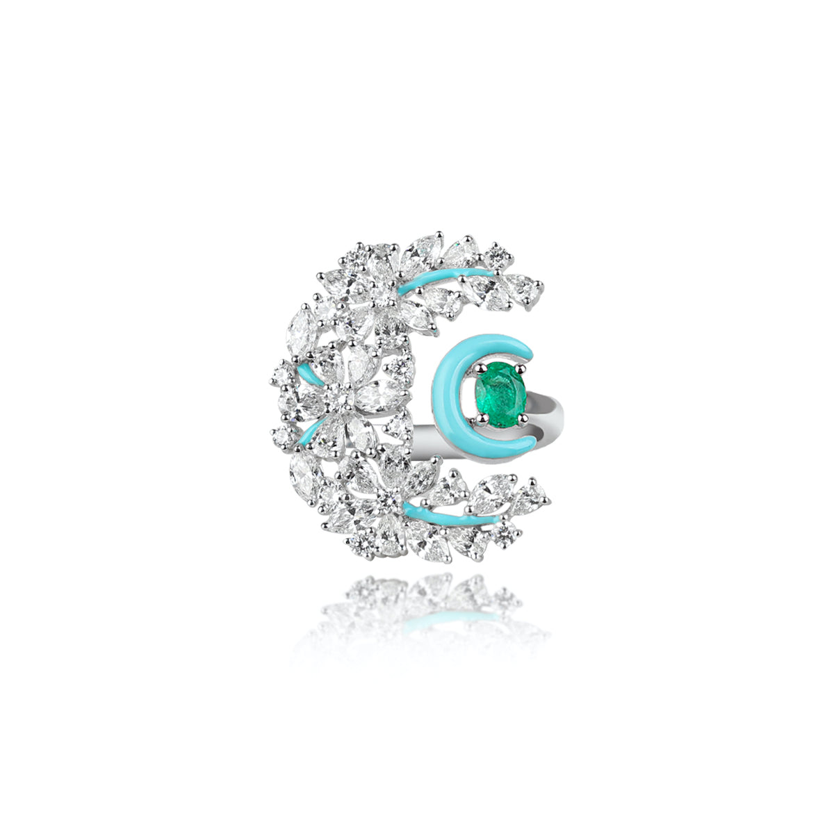 Crescent 18k white gold, diamond and emerald ring