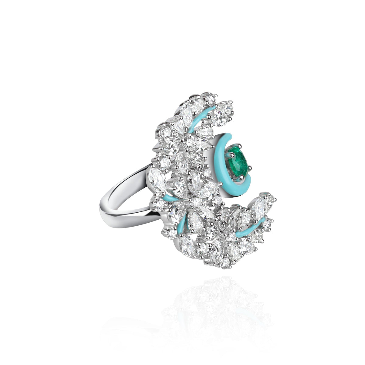 Crescent 18k white gold, diamond and emerald ring